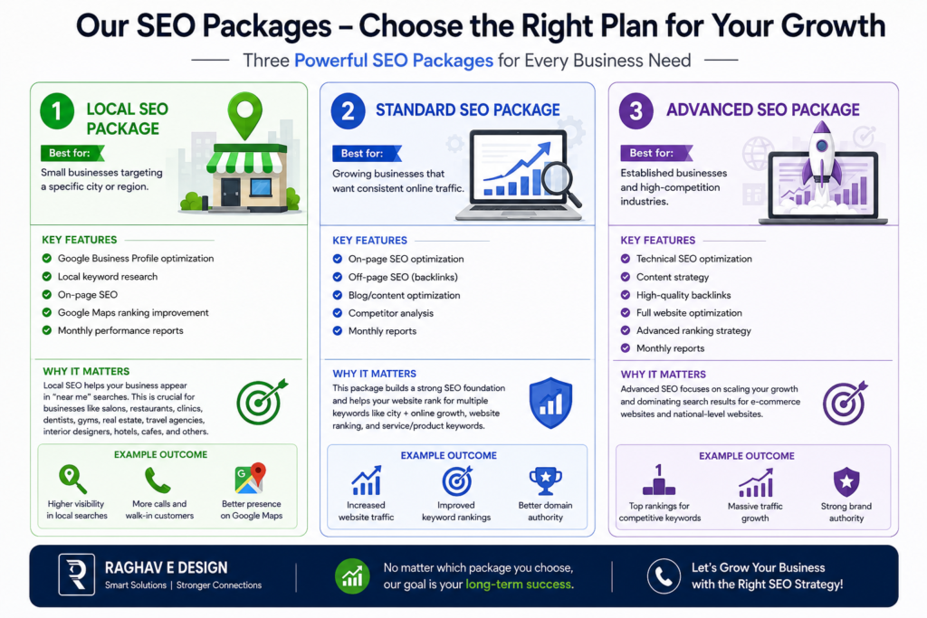 Raghav E Design SEO packages comparison for Local, Standard, and Advanced SEO services.