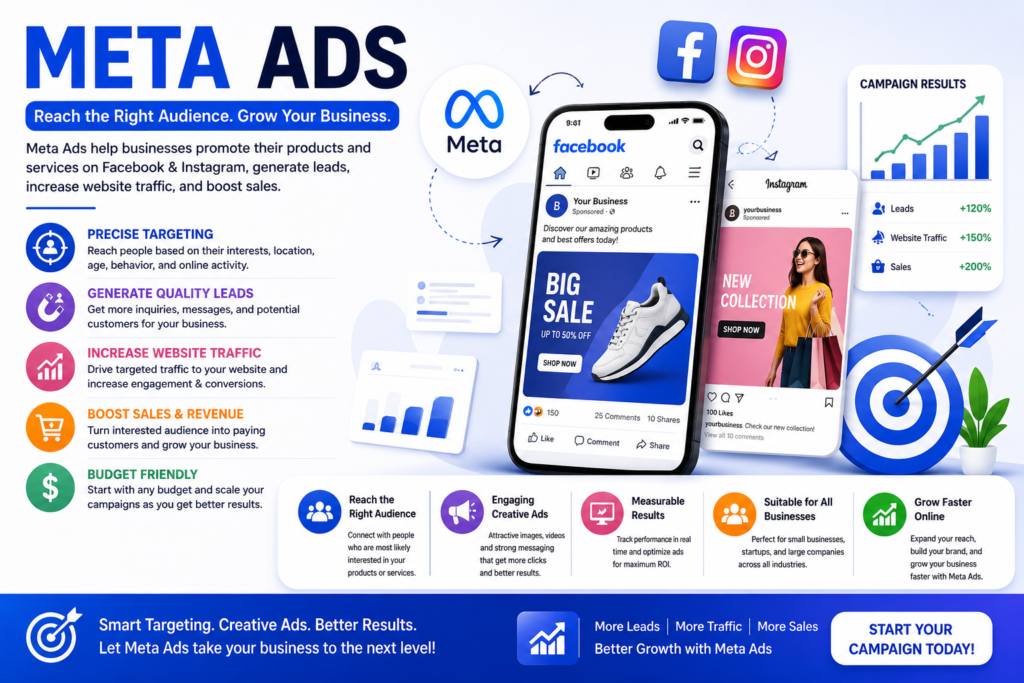 Meta Ads advertising services by Raghav E Design showcasing Facebook and Instagram marketing, audience targeting, lead generation, website traffic growth, sales optimization, and business promotion through professional social media advertising campaigns.
