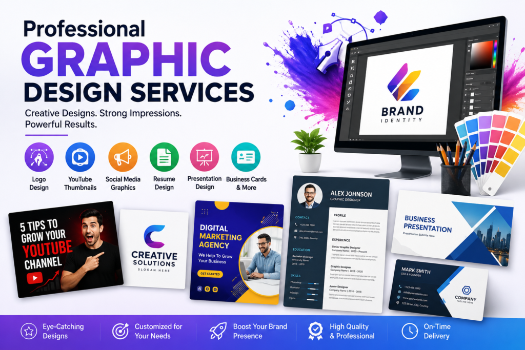 Professional graphic design services by Raghav E Design featuring logo design, YouTube thumbnail design, social media graphics, resume design, presentation design, business cards, and branding solutions for businesses and content creators.